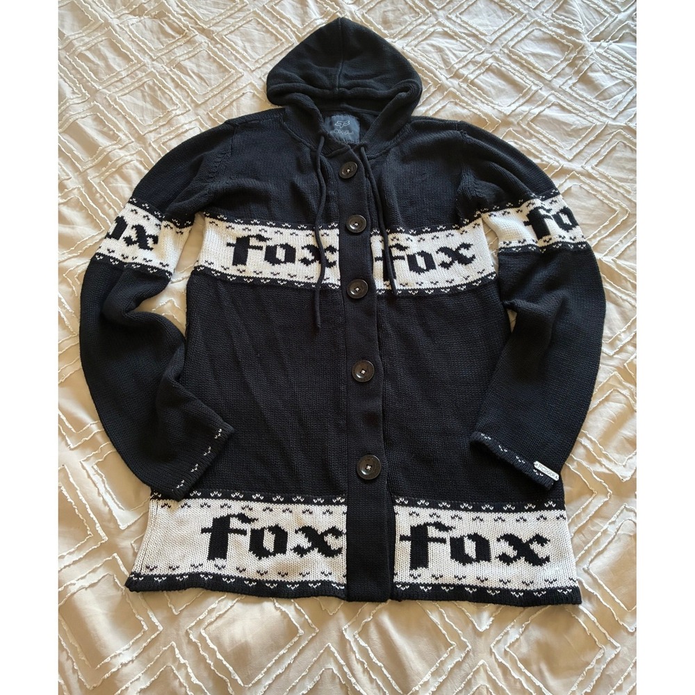 Fox Racing Womens Hooded Cardigan Sweater Black White Longline Button Up Moto